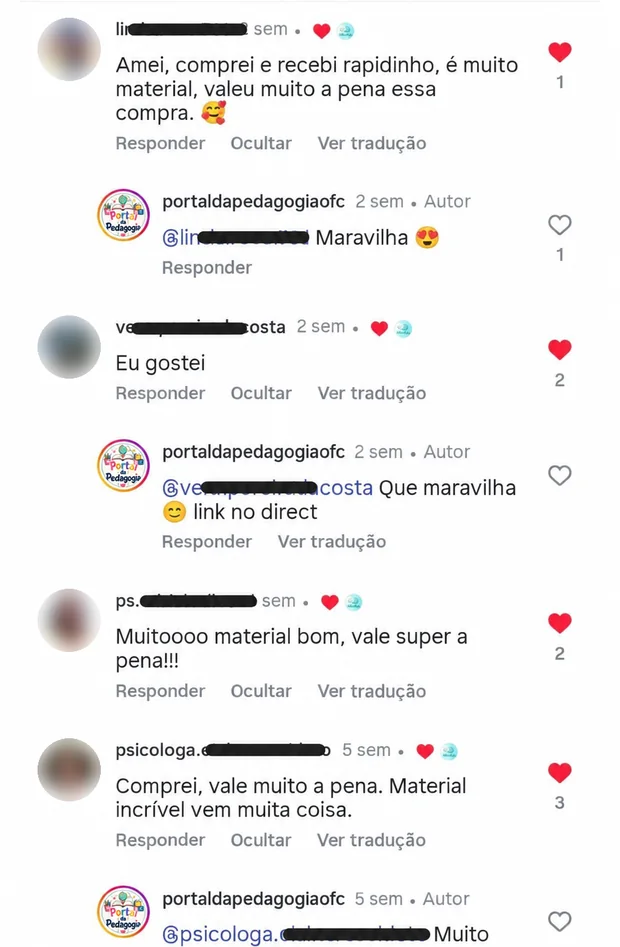 Comentários de clientes no Instagram do Portal da Pedagogia