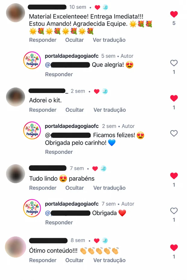 Comentários de clientes no Instagram do Portal da Pedagogia