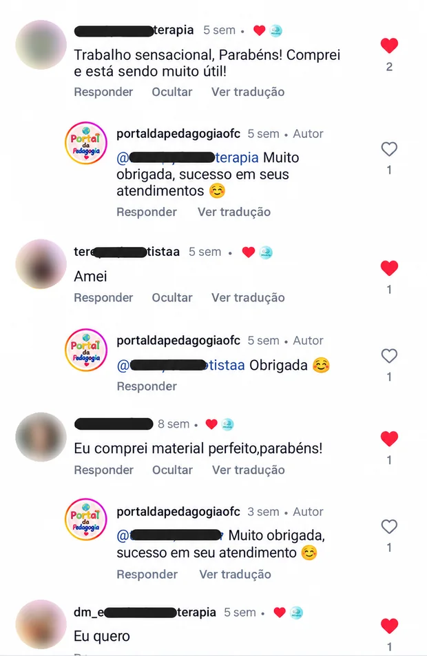 Comentários de clientes no Instagram do Portal da Pedagogia